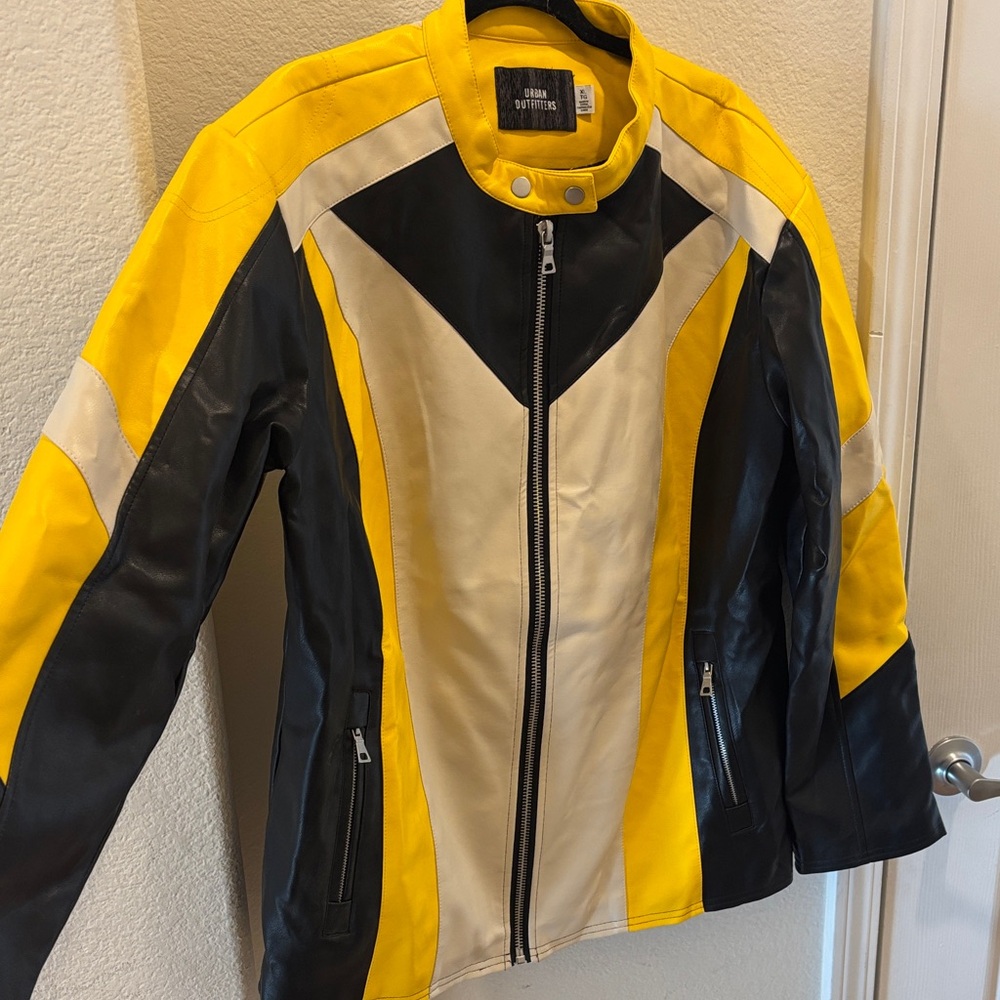 Urban Outfitters Yellow Black Cream Colorblock Leather Jacket